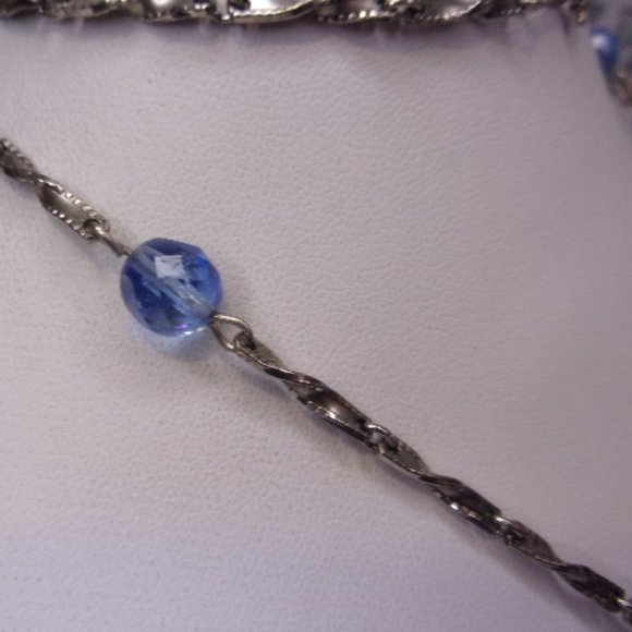Blue Bead Silver Bar Link Lariat Style Necklace 26" Long - Picture 4 of 11
